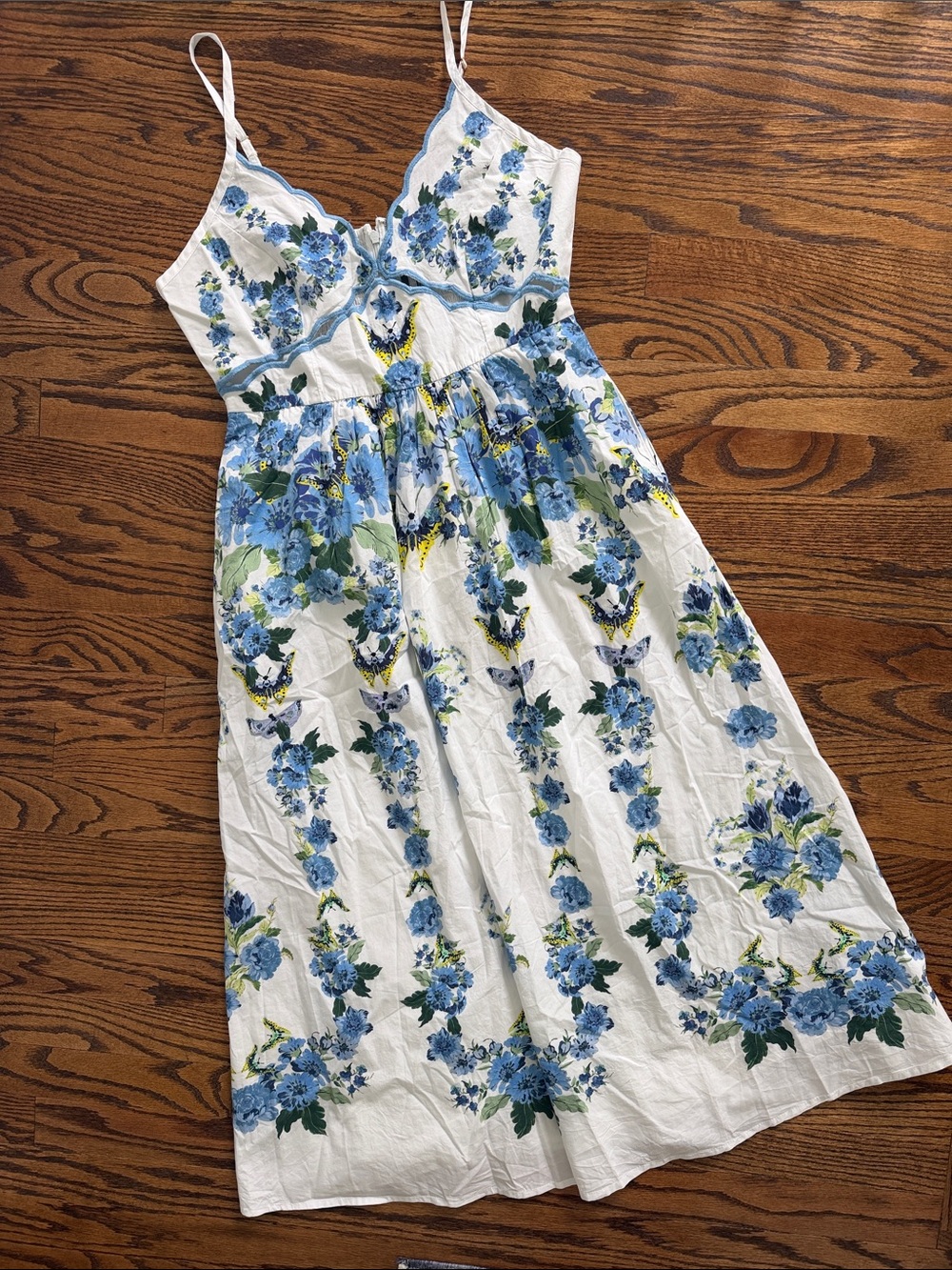 NWT Anthropologie Cotton Scalloped Sleeveless Midi Dress XS Blue White